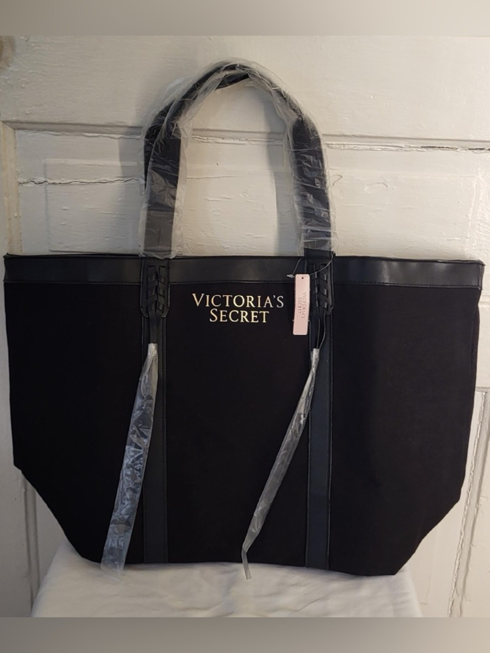 Victoria's Secret Black Canvas Carryall Tote - Gold Logo - Braided Straps